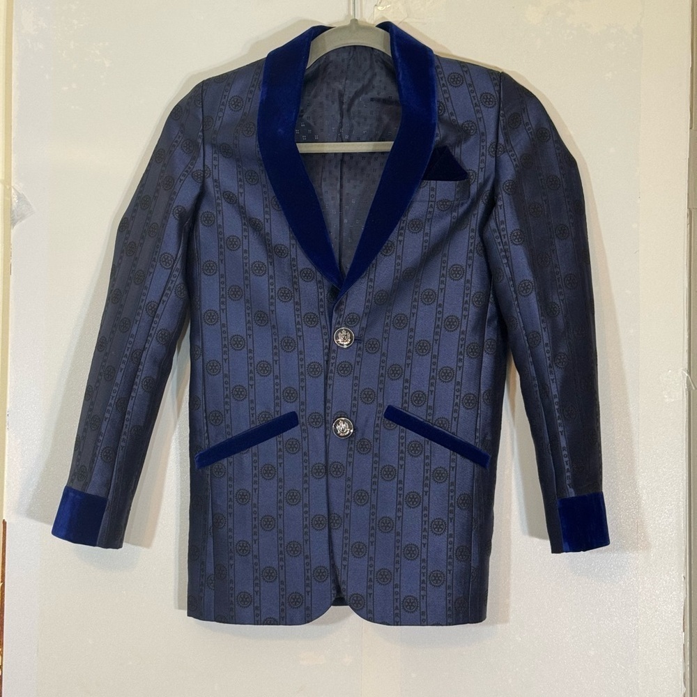Unbranded Boys Elegant Semi-Velvet Blue Rotary Gears Patterned Blazer